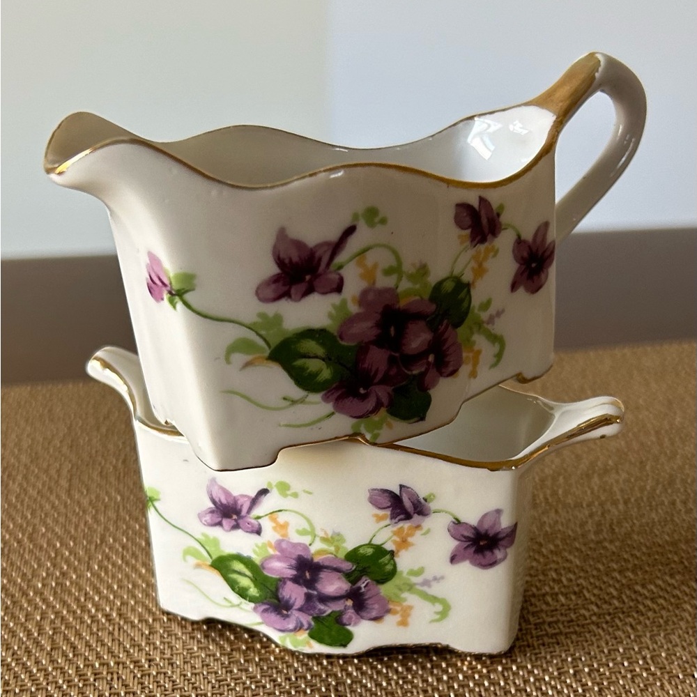 Vintage Norcrest Transferware Miniature Sugar and Creamer Voilet Flowers set,